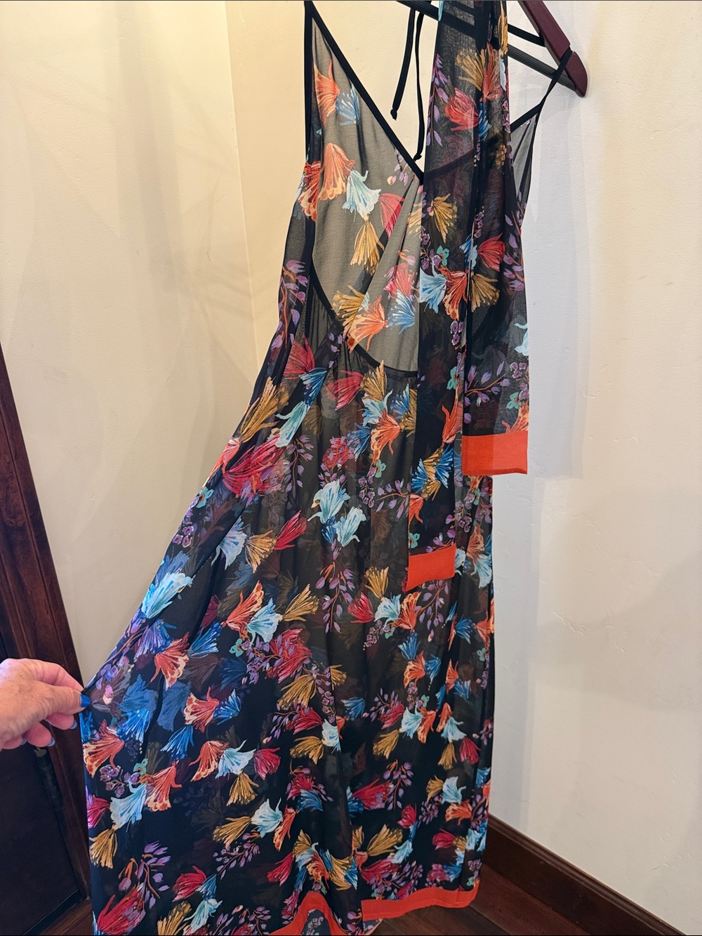 Made in Italy. Floral Sheer Black Maxi Dress with Colorful Tassel Print